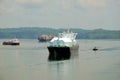 LNG tanker ship transiting through Panama Canal. Royalty Free Stock Photo
