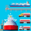 LNG terminal, tankers and trucks. Vector illustration