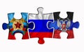 LNR, Russia end DNR flags on three puzzle pieces on a white isolated background. The concept of political relations. 3D rendering