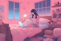 Lo-fi Anime Pink and Blue Color Tone Art of Long hair girl with Laptop on Bed, Bedroom Interior on Night Royalty Free Stock Photo