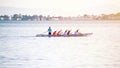 Lo Pagan, Murcia, Spain, June 18, 2020: Sportsmen rowing in team at same pace under instructions of their trainer in Murcia, Spain