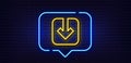 Load document line icon. Download arrowhead. Neon light speech bubble. Vector