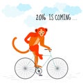 Load Happy New Year 2016 is coming concept. Red monkey rides a bicycle. Stylish design Royalty Free Stock Photo