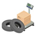 Load operation icon isometric vector. Modern electro floor scale and car tire