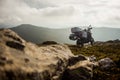 Loaded adventure motorcycle on top of the mountain