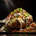 loaded baked potato, piled high with sour cream, bacon bits, chives, and melted cheese by AI generated Royalty Free Stock Photo