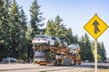 Loaded classic car hauler big rig orange semi truck transporting cars on two level semi trailer driving on the divided highway