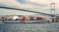 Loaded container ship owned by OOCL Orient Overseas Container Line passing Bosporus Strait under Bosphorus, Istanbul, Turkey