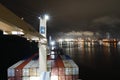 Loaded container vessel with cranes anchored near port of Paranagua during the night.