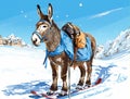 a loaded donkey stands on skis