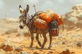 Loaded Donkey Trekking Across Arid Desert Terrain Carrying Supplies Under Harsh Sunlight