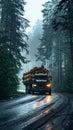 Loaded logging truck travels a misty, wet road amidst towering trees. Royalty Free Stock Photo