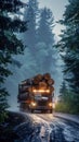 Loaded logging truck travels a misty, wet road amidst towering trees. Royalty Free Stock Photo