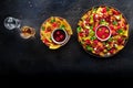 Loaded nachos. Mexican nacho chips with beef, overhead flat lay shot Royalty Free Stock Photo