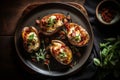 Loaded potato skins baked topped with bacon, green onions and cheddar cheese on a wooden kitchen, generative AI Royalty Free Stock Photo