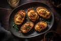 Loaded potato skins baked topped with bacon, green onions and cheddar cheese on a wooden kitchen table background, generative AI Royalty Free Stock Photo