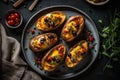 Loaded potato skins baked topped with bacon, green onions and cheddar cheese on wooden kitchen, generative AI Royalty Free Stock Photo