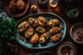 Loaded potato skins baked topped with bacon, green onions and cheddar cheese on a wooden kitchen table, generative AI Royalty Free Stock Photo