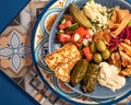 Loaded sharing portion of traditional Mediterranean Arabic food of hummus, olives, grilled chicken, halloumi, dolma, couscous,