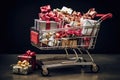 A loaded shopping cart brimming with a variety of gifts, perfect for any celebration or event, Supermarket cart brimming with Royalty Free Stock Photo