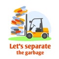 A square vector image of a loader car with bottles pressed. Let`s separate the garbage