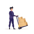 A loader or courier carries boxes on a trolley. The concept of delivering parcels to home or moving house. Cartoon style Royalty Free Stock Photo
