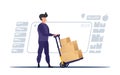 A loader or courier carries boxes on a trolley. The concept of delivering parcels to home or moving house. Cartoon style Royalty Free Stock Photo