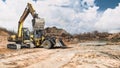A loader and crawler excavator work at a construction site, moving soil for future work. The partially cloudy sky creates a Royalty Free Stock Photo