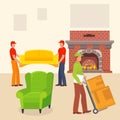 Loader make move stuff house, character male porter carry box flat vector illustration. Cozy home room, fireplace and Royalty Free Stock Photo