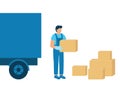 Loader man carries boxes of goods, unloading or loading truck. Work in logistics, shipping. Boxes of goods for import and export.