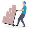 Loader man moving dolly cart flat illustration