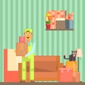 Loader Taking Out Packed Boxes From The Room Pixelated Illustration