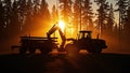Loader Tractor with Logs in Forest at Sunset Royalty Free Stock Photo