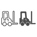 Loader vehicle line and solid icon. Forklift car and stacker, cargo delivery symbol, outline style pictogram on white