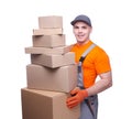 Loader in uniform carries cargo on white background