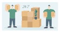 Loaders with cardboard boxes. Delivery team. The theme of movement, transportation and delivery of goods and cargo. Help in moving