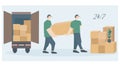 Loaders with cardboard boxes. Delivery team. The theme of movement, transportation and delivery of goods and cargo. Help in moving