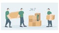 Loaders with cardboard boxes. Delivery team. The theme of movement, transportation and delivery of goods and cargo. Help in moving
