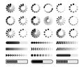 Loading bar. Download progress loader, circular buffering status UI elements. Upload indicator symbols, transfer time