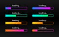 Loading bar set on dark backdrop. Progress visualization. Color gradient lines. Loading status collection. Web design