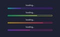 Loading bar set. Progress icons visualization. Loading status collection. Color bright lines. Gradient web design