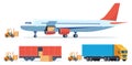 Loading boxes with goods into different types of cargo transport. Cargo plane, train, truck and forklift loads cargo into them. Royalty Free Stock Photo