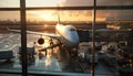 Loading cargo on the plane in airport, view through window Royalty Free Stock Photo