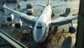 Loading cargo on the plane in airport, view through window Royalty Free Stock Photo