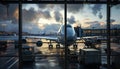 Loading cargo on the plane in airport, view through window Royalty Free Stock Photo