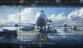 Loading cargo on the plane in airport, view through window Royalty Free Stock Photo