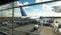 Loading cargo on the plane in airport, view through window Royalty Free Stock Photo