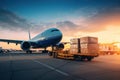 Loading cargo plane outside air freight logistic. Shipping boxes ready to be delivered. Generative AI Royalty Free Stock Photo