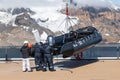 Loading and checking Zodiac boat on Seabourn cruise ship during Antarctica expedition. Royalty Free Stock Photo