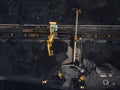 Loading coal anthracite mining in port on cargo tanker ship with crane bucket of train. Aerial top view Royalty Free Stock Photo